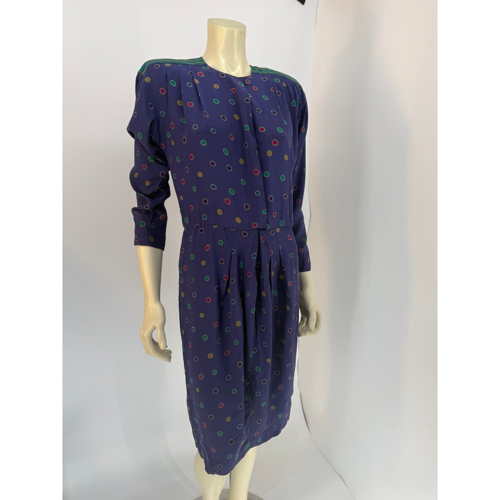 Vintage Purple Silk Polka Dot Midi Dress 80s Long Sleeve Retro Womens 10